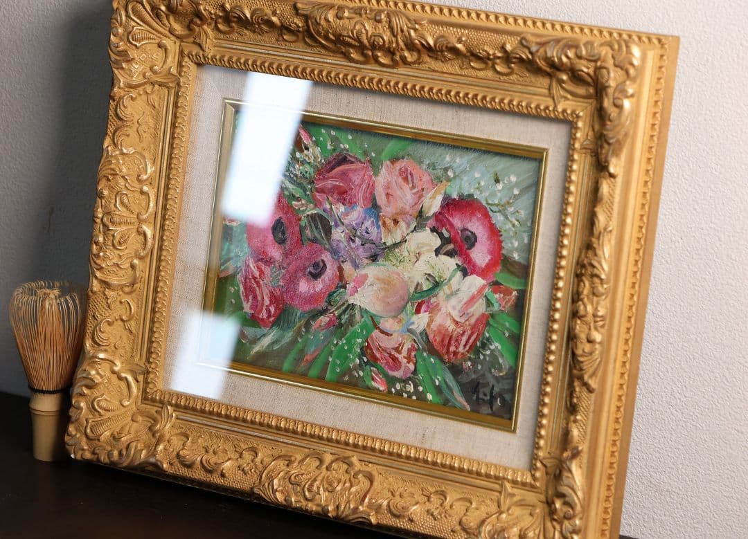 【真作】中島裕子 油彩 SM号「ファンタジーの花々」額装 ポピー 薔薇CM173