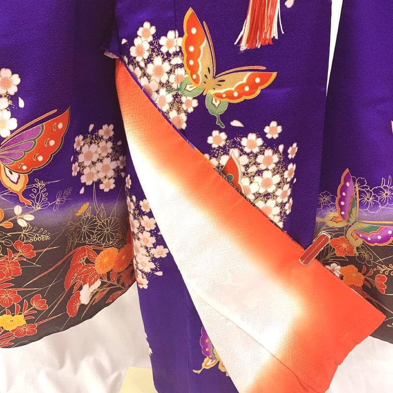 510ag8■七五三 七歳 女児 着物&開き帯&長襦袢 蝶 菊 花丸文■美品