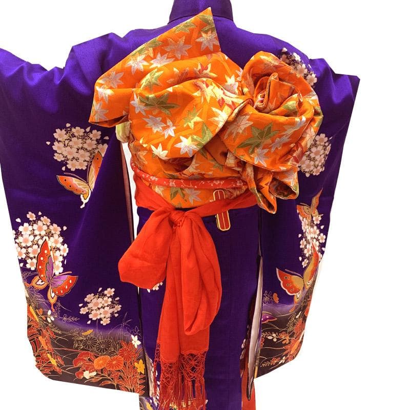 510ag8■七五三 七歳 女児 着物&開き帯&長襦袢 蝶 菊 花丸文■美品