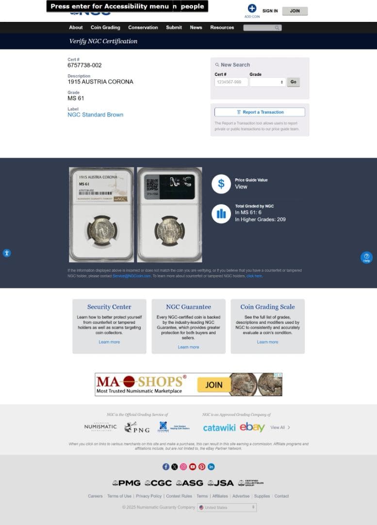 NGC-MS61 1915　オーストリア　フランツ・ヨーゼフ1世月桂冠と帝冠銀貨