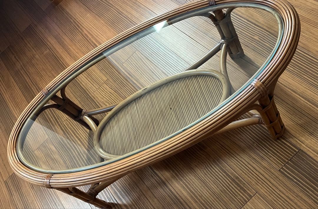 【ラタン　ガラス天板付ローテーブル】