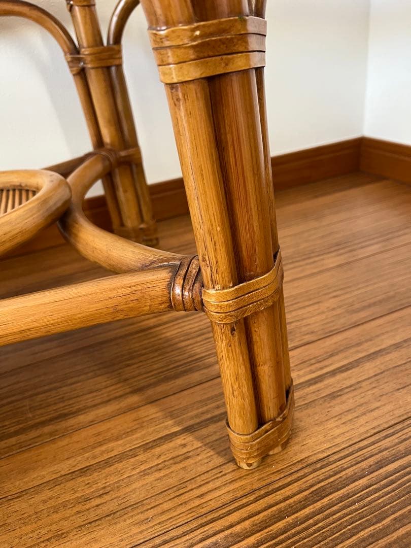 【ラタン　ガラス天板付ローテーブル】