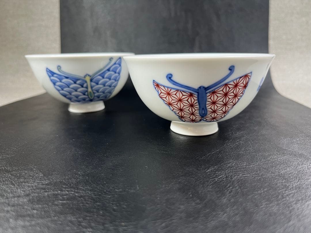 色鍋島　鍋島御庭焼　蝶図　飯碗　ご飯茶碗　市川光春作 2点