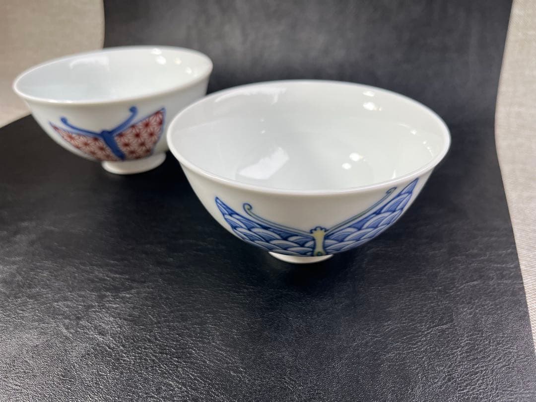 色鍋島　鍋島御庭焼　蝶図　飯碗　ご飯茶碗　市川光春作 2点