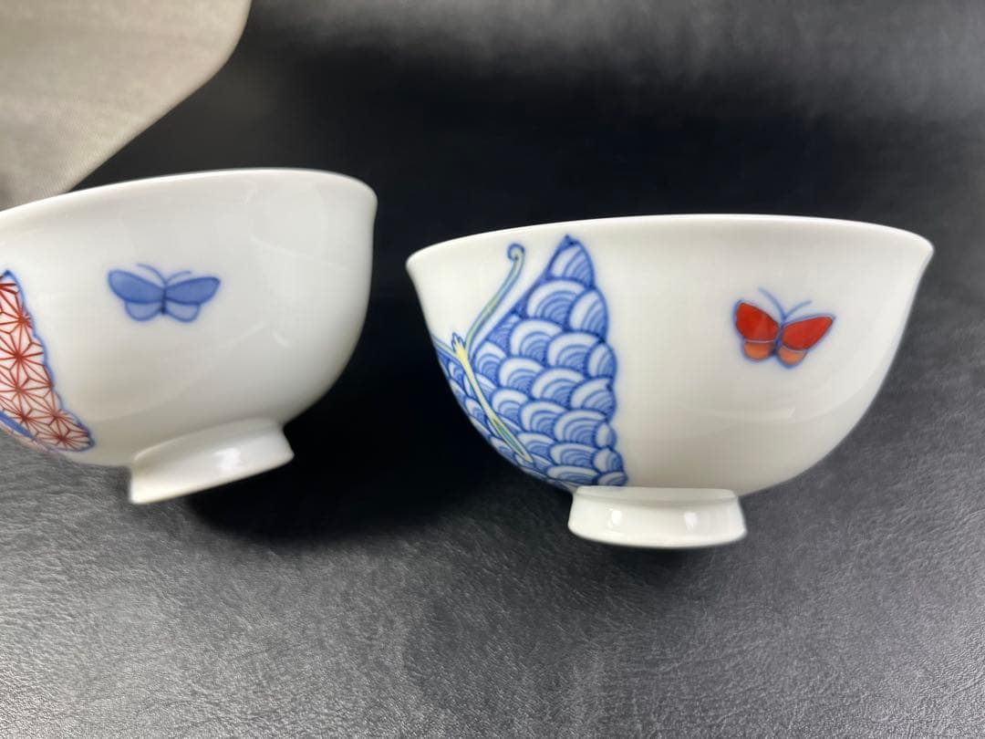 色鍋島　鍋島御庭焼　蝶図　飯碗　ご飯茶碗　市川光春作 2点