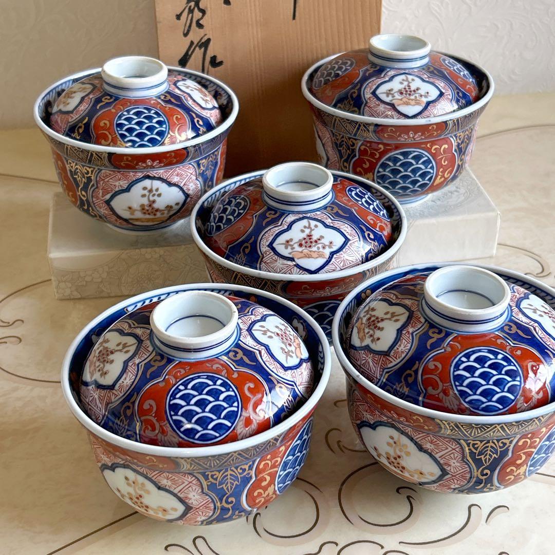 有田焼　藤太郎窯　染錦木甲三方割　雑煮碗揃　5客　蓋付き丼ぶり　金彩古伊万里