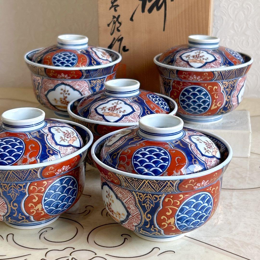 有田焼　藤太郎窯　染錦木甲三方割　雑煮碗揃　5客　蓋付き丼ぶり　金彩古伊万里