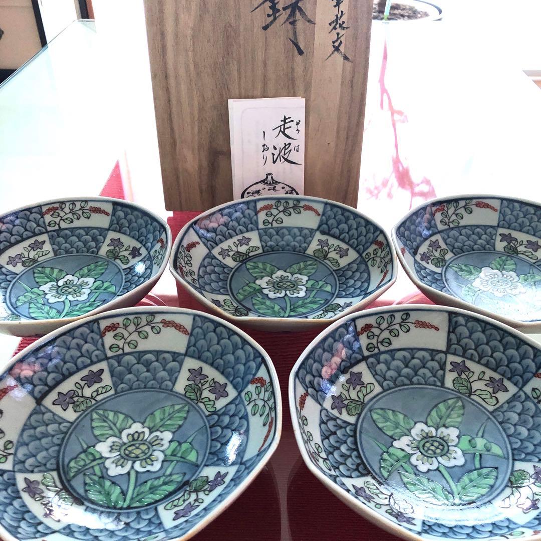 専用になります♪佐藤走波　染錦市松花辨草花文　八角組鉢　5個