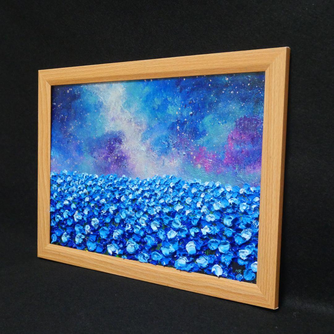 油絵 油彩 油彩画 絵 絵画【ネモフィラの田んぼに輝く天の川】