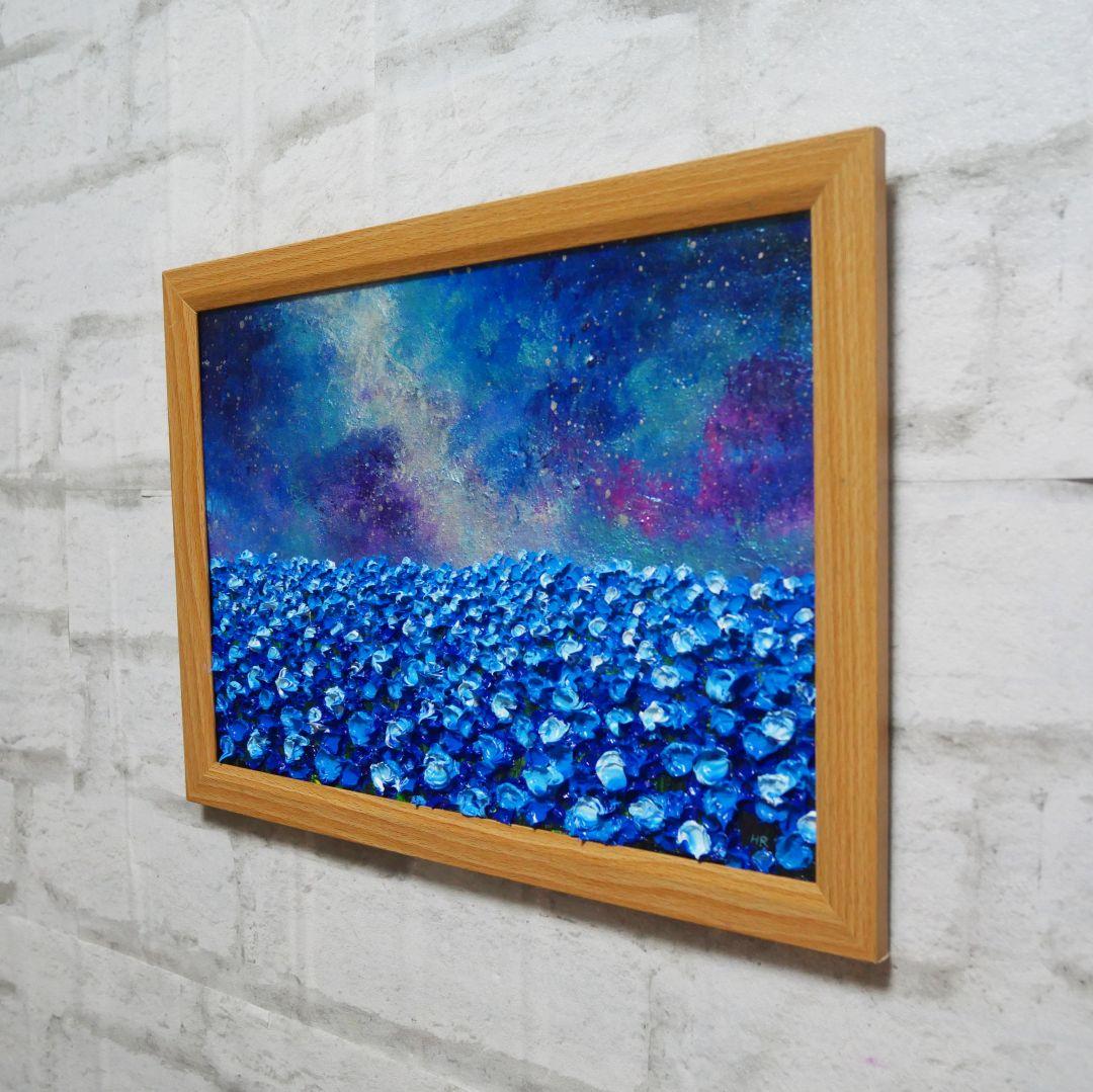 油絵 油彩 油彩画 絵 絵画【ネモフィラの田んぼに輝く天の川】