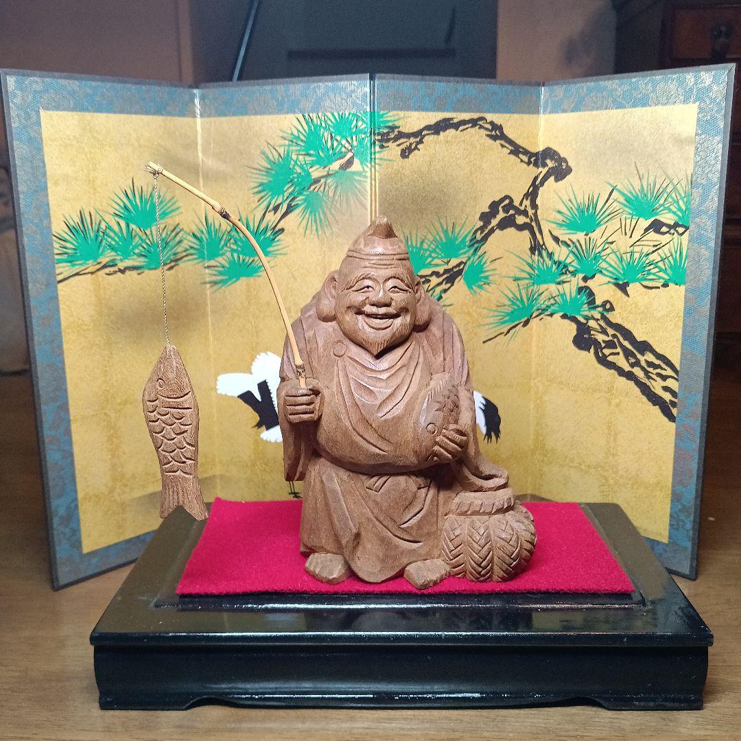 骨董品　恵比寿:大黒　木彫り置物　屏風&台座付き　希少セット