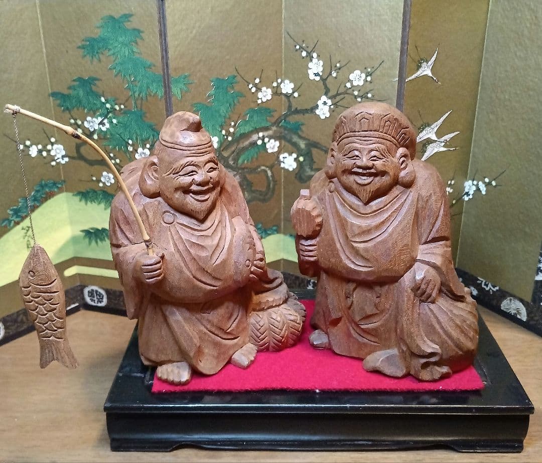 骨董品　恵比寿:大黒　木彫り置物　屏風&台座付き　希少セット