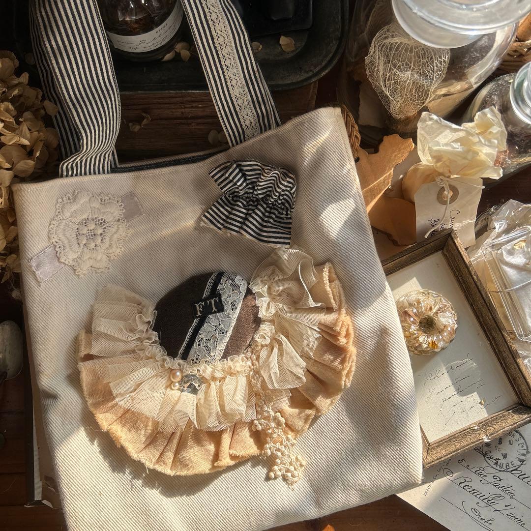 アンティーク風 チュールレース お花刺繍アップリケ フリルコラージュ ミニバッグ