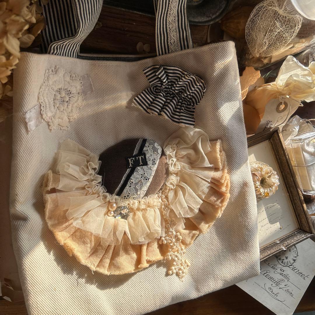 アンティーク風 チュールレース お花刺繍アップリケ フリルコラージュ ミニバッグ