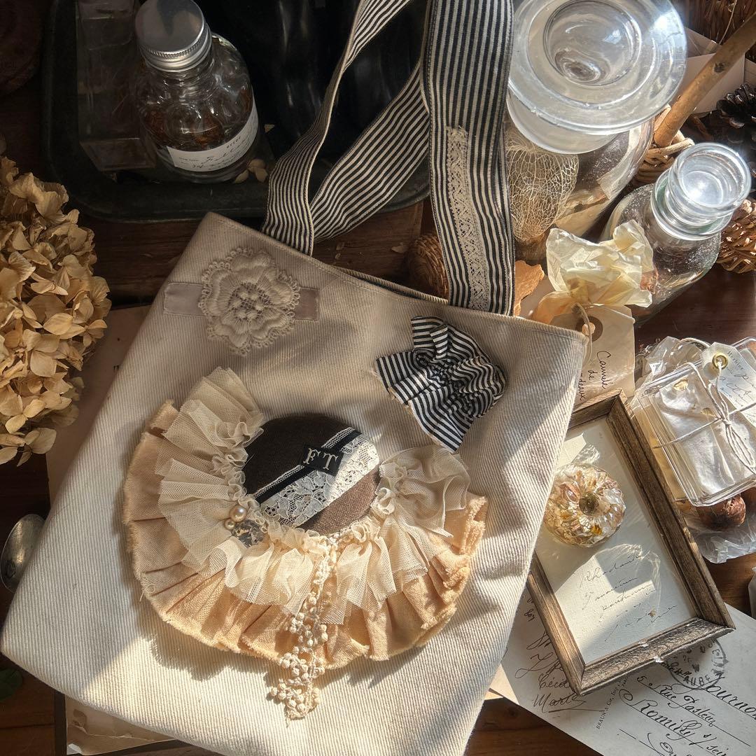 アンティーク風 チュールレース お花刺繍アップリケ フリルコラージュ ミニバッグ