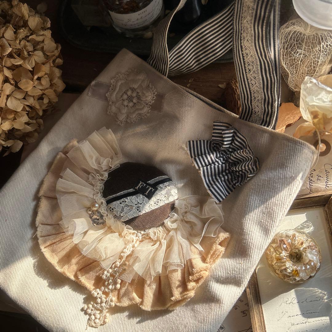 アンティーク風 チュールレース お花刺繍アップリケ フリルコラージュ ミニバッグ