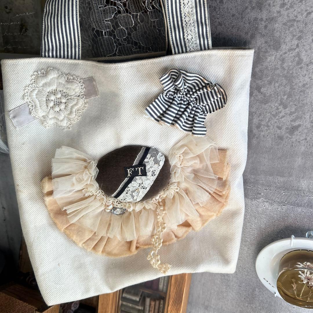 アンティーク風 チュールレース お花刺繍アップリケ フリルコラージュ ミニバッグ