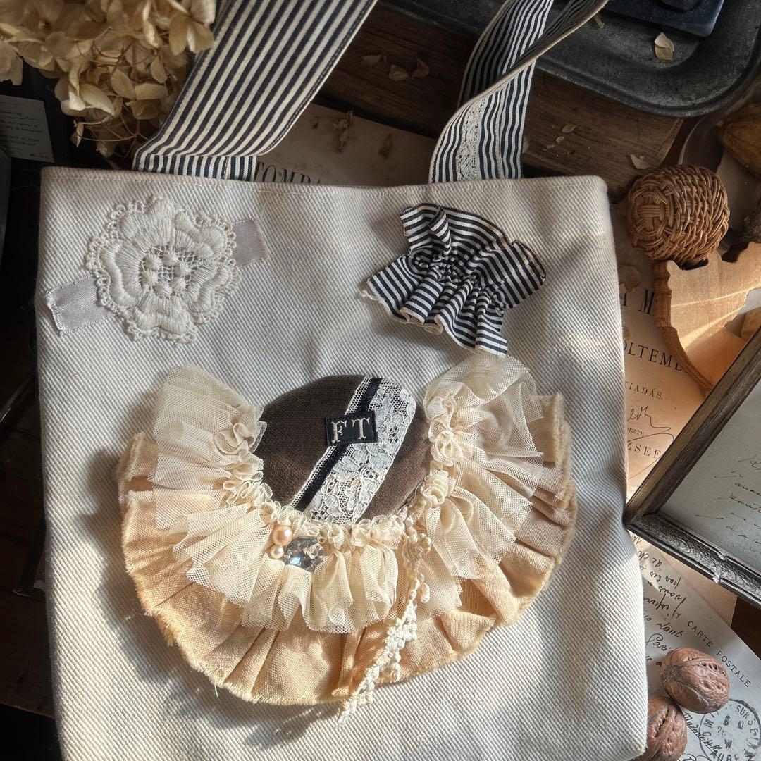 アンティーク風 チュールレース お花刺繍アップリケ フリルコラージュ ミニバッグ