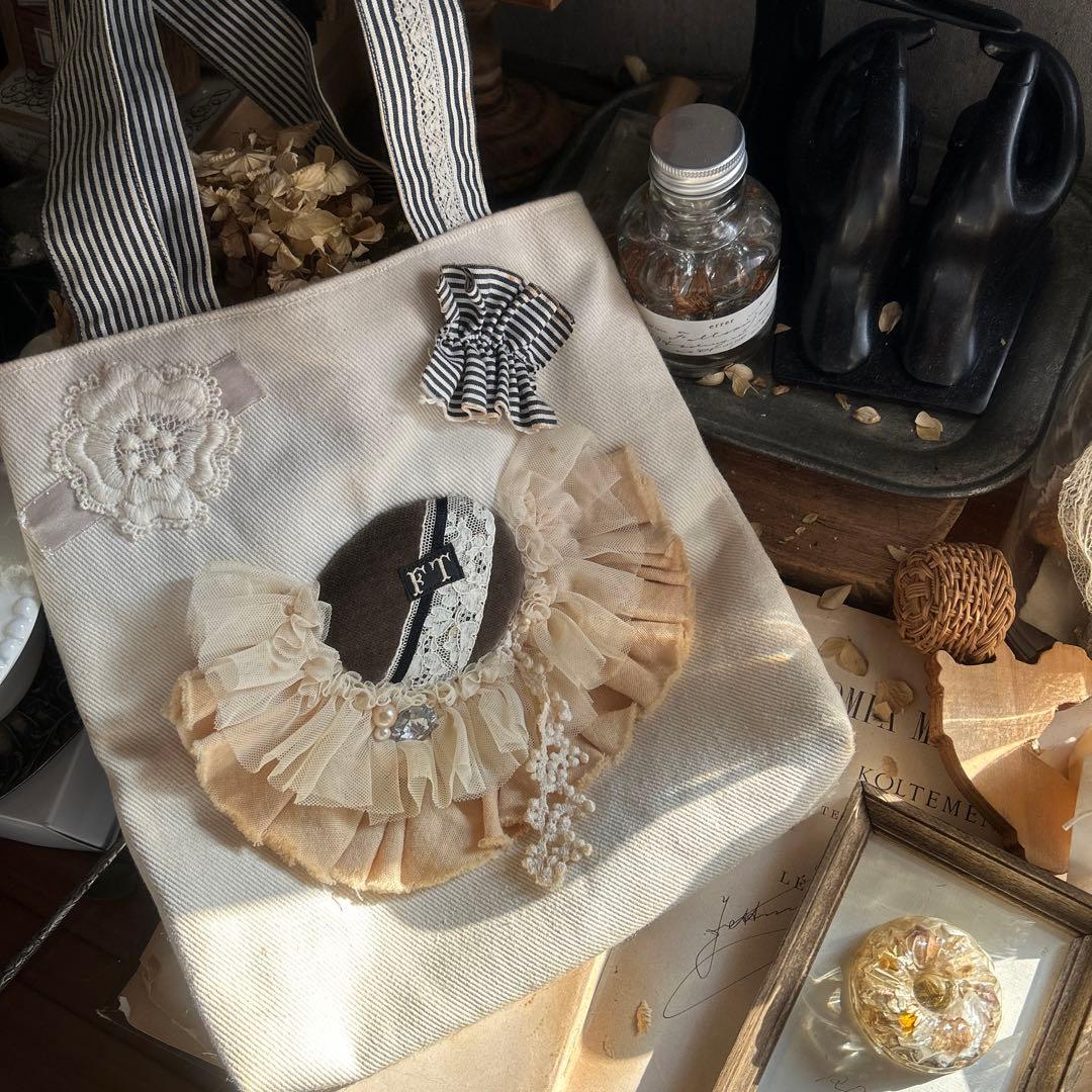 アンティーク風 チュールレース お花刺繍アップリケ フリルコラージュ ミニバッグ