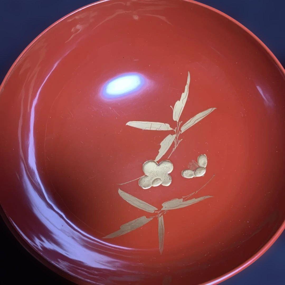 蓋向　木製手描き金彩絵　尾上の爺婆・鶴亀・松竹梅　盛金蒔絵　向付け　煮物椀　3客