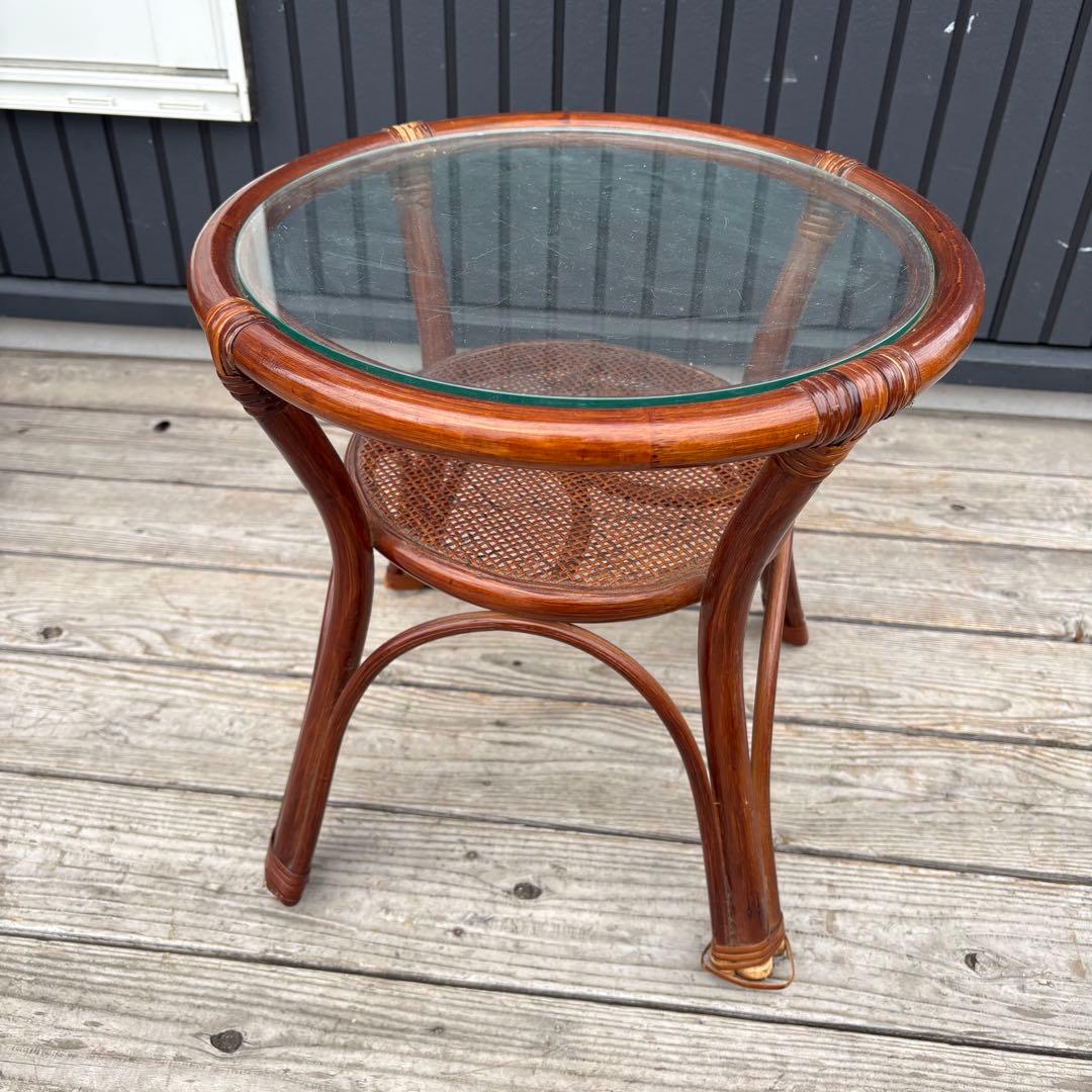 【昭和レトロ】薔薇柄 回転式ラタンチェア2脚＆ガラステーブル 3点セット 籐製