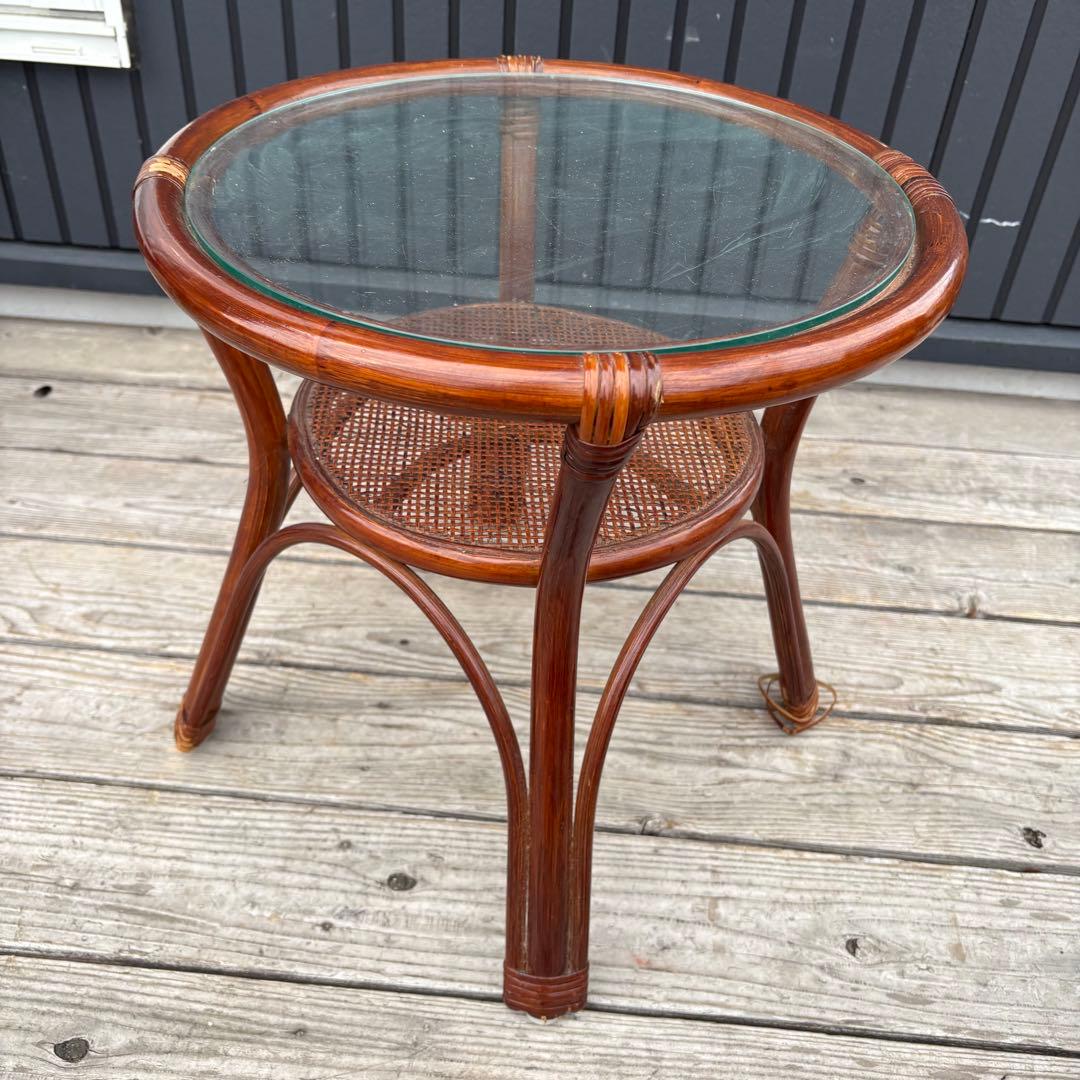 【昭和レトロ】薔薇柄 回転式ラタンチェア2脚＆ガラステーブル 3点セット 籐製