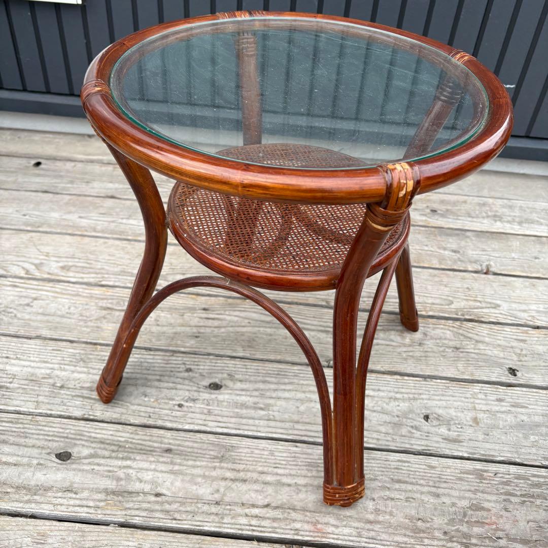 【昭和レトロ】薔薇柄 回転式ラタンチェア2脚＆ガラステーブル 3点セット 籐製