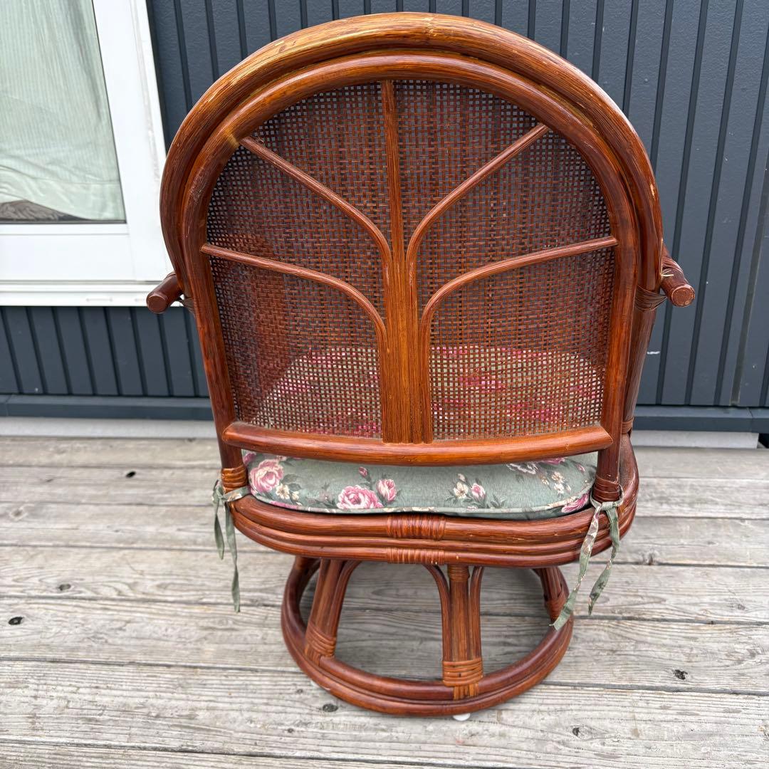 【昭和レトロ】薔薇柄 回転式ラタンチェア2脚＆ガラステーブル 3点セット 籐製