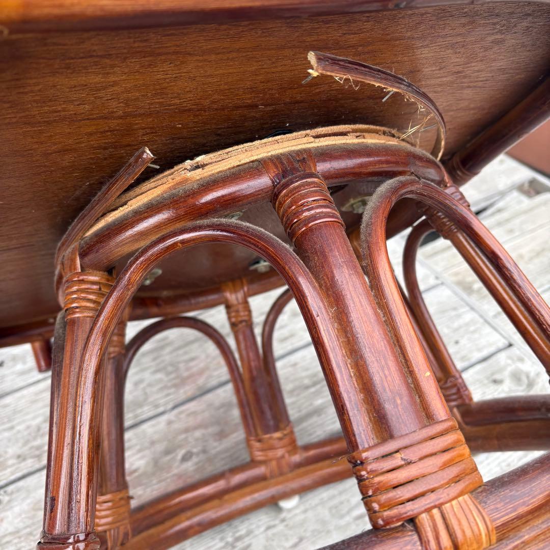 【昭和レトロ】薔薇柄 回転式ラタンチェア2脚＆ガラステーブル 3点セット 籐製