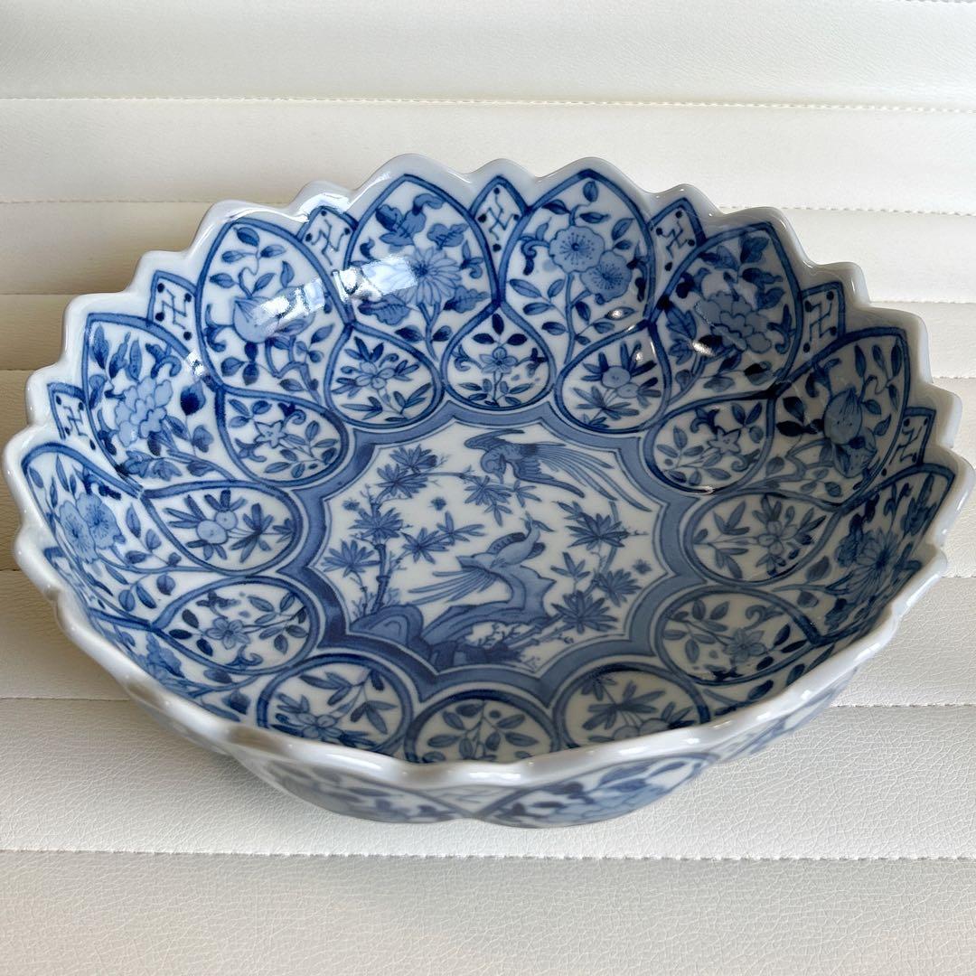 三洋陶器 龍峰窯 花鳥図 染付 間取 大鉢 輪花鉢 大皿 古伊万里 更紗 和