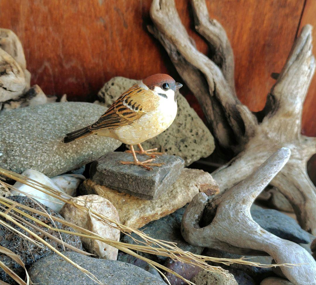 小さなバードカービング ふくらスズメ(福良雀) 野鳥 木彫り