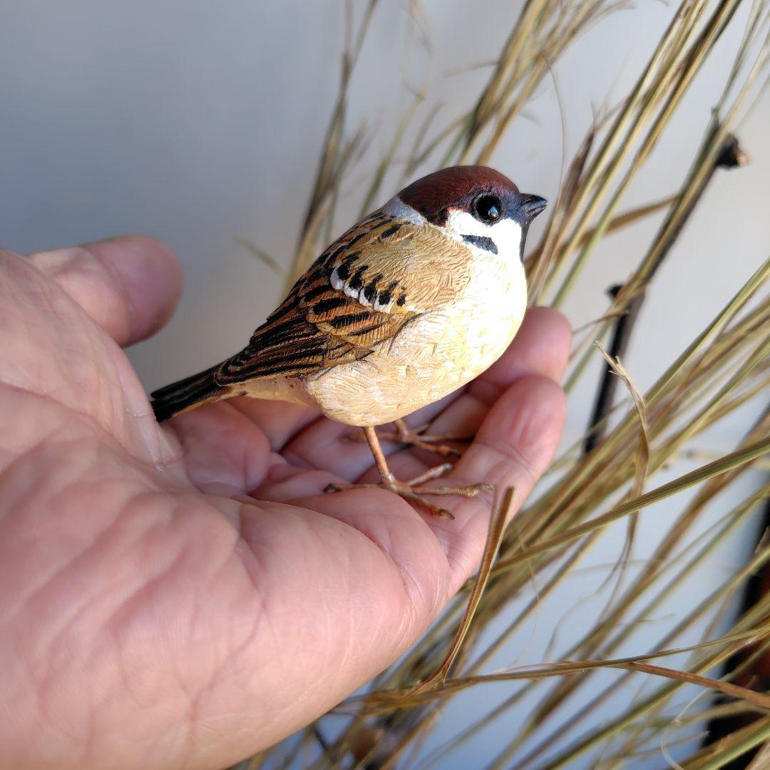 小さなバードカービング ふくらスズメ(福良雀) 野鳥 木彫り