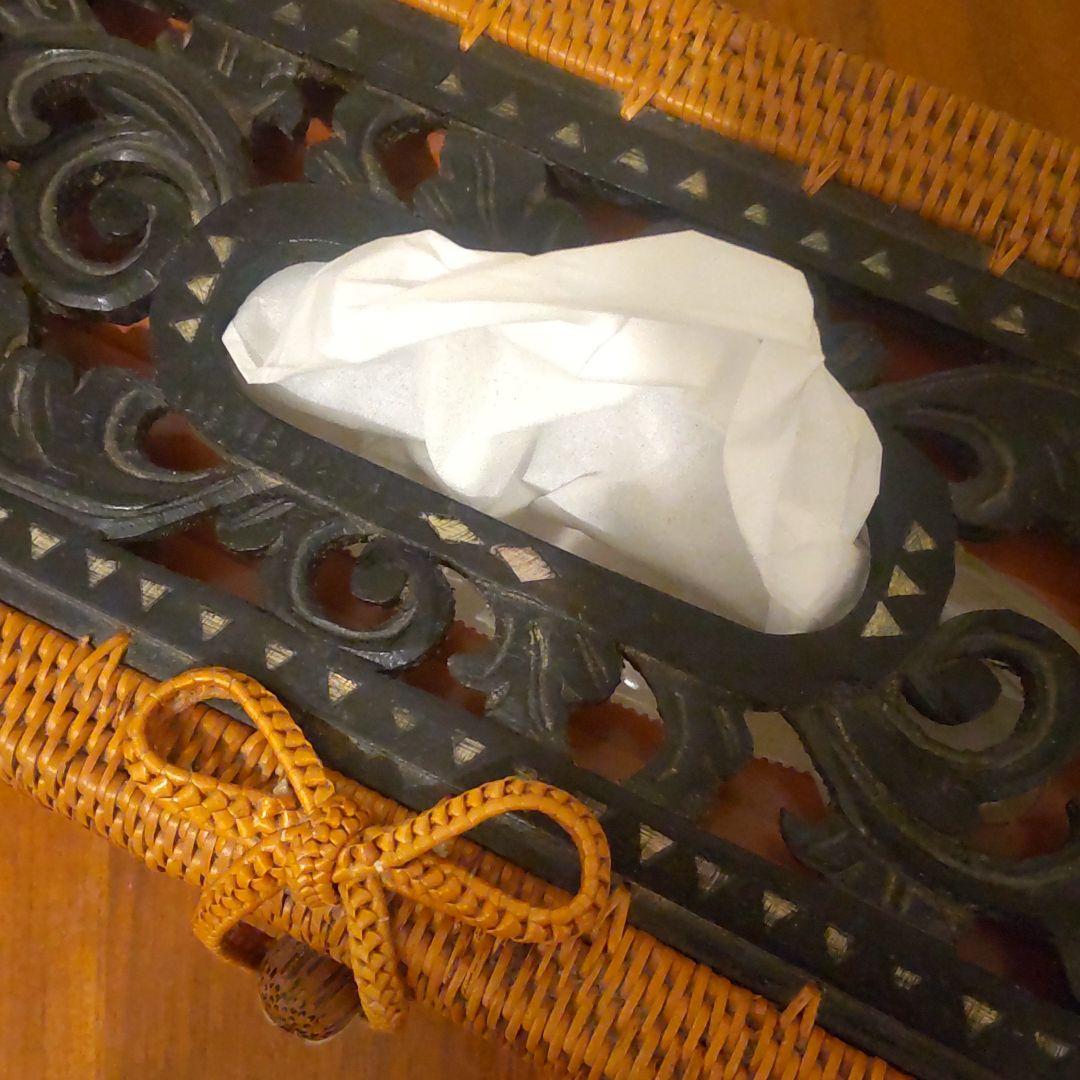 【バリ島土産】黒檀調象嵌入アタ製品ティッシュケース