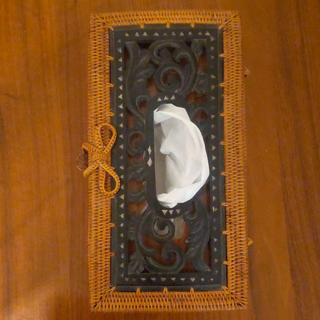 【バリ島土産】黒檀調象嵌入アタ製品ティッシュケース