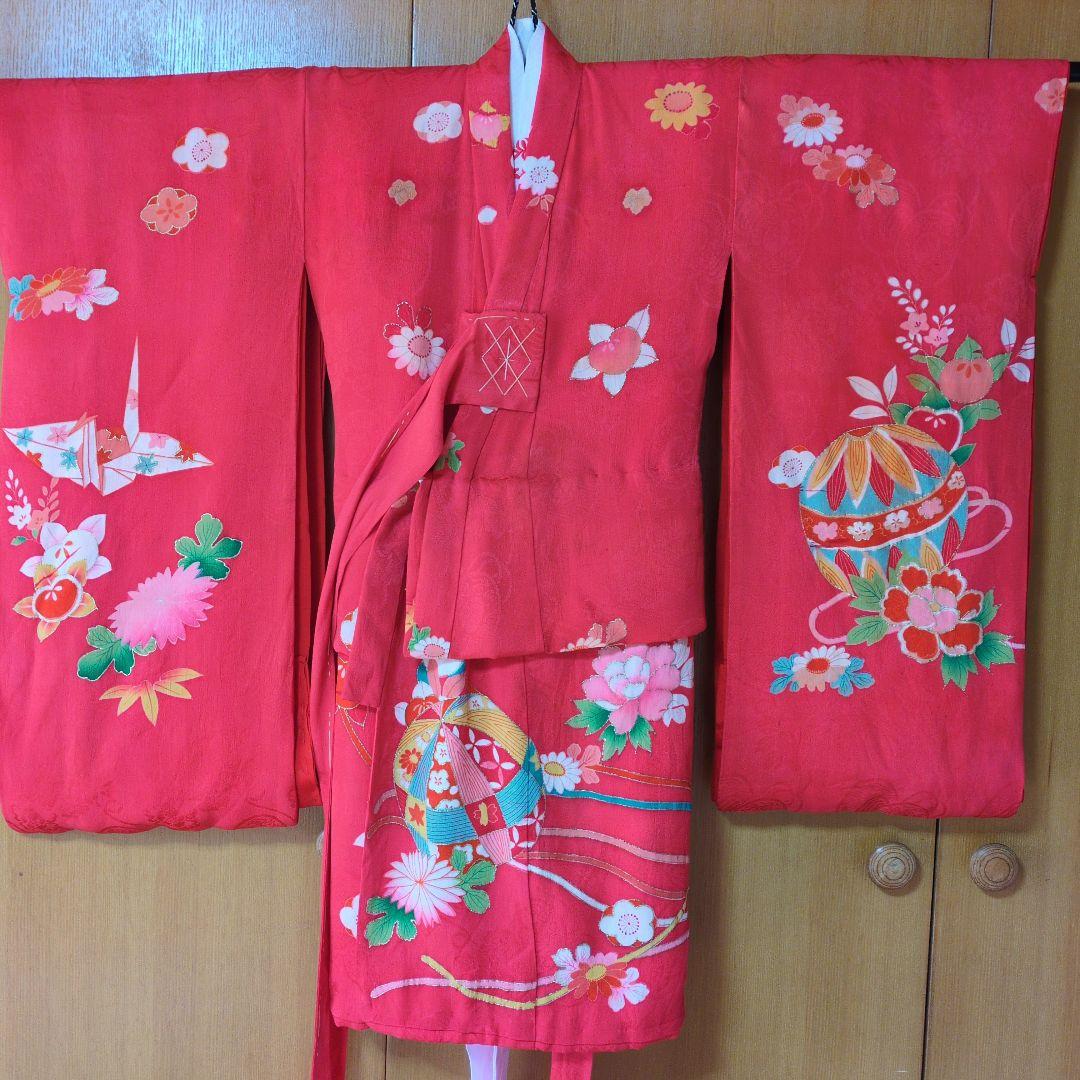 七五三３歳正絹アンティーク着物と被布エプロンセット（長襦袢付き）