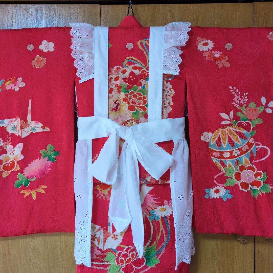 七五三３歳正絹アンティーク着物と被布エプロンセット（長襦袢付き）