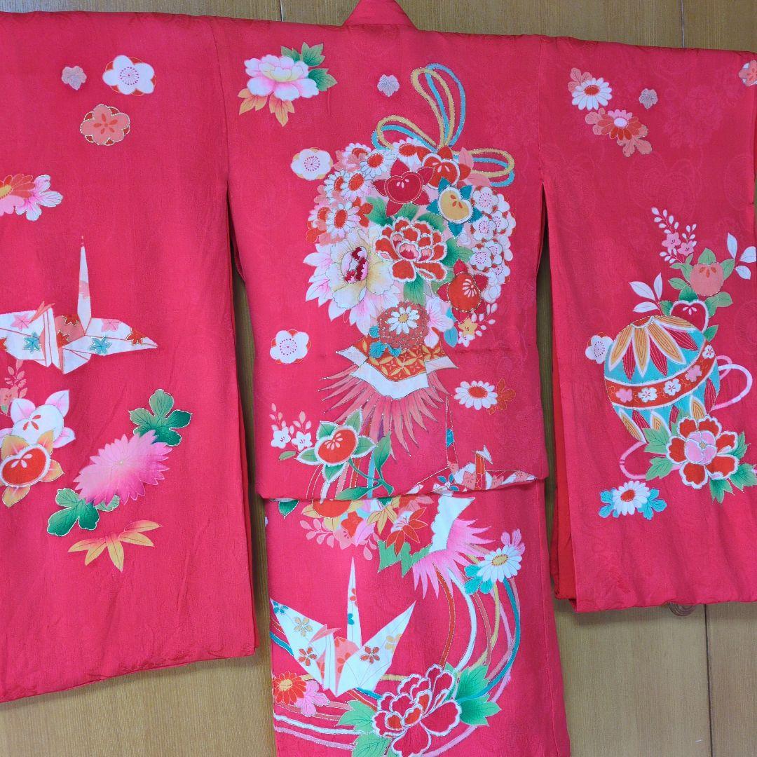 七五三３歳正絹アンティーク着物と被布エプロンセット（長襦袢付き）