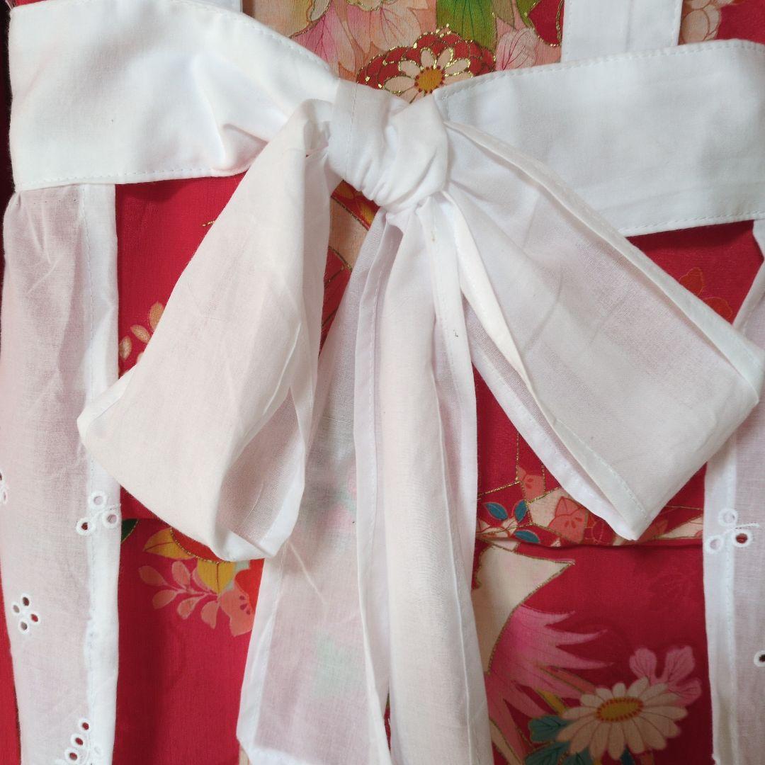 七五三３歳正絹アンティーク着物と被布エプロンセット（長襦袢付き）
