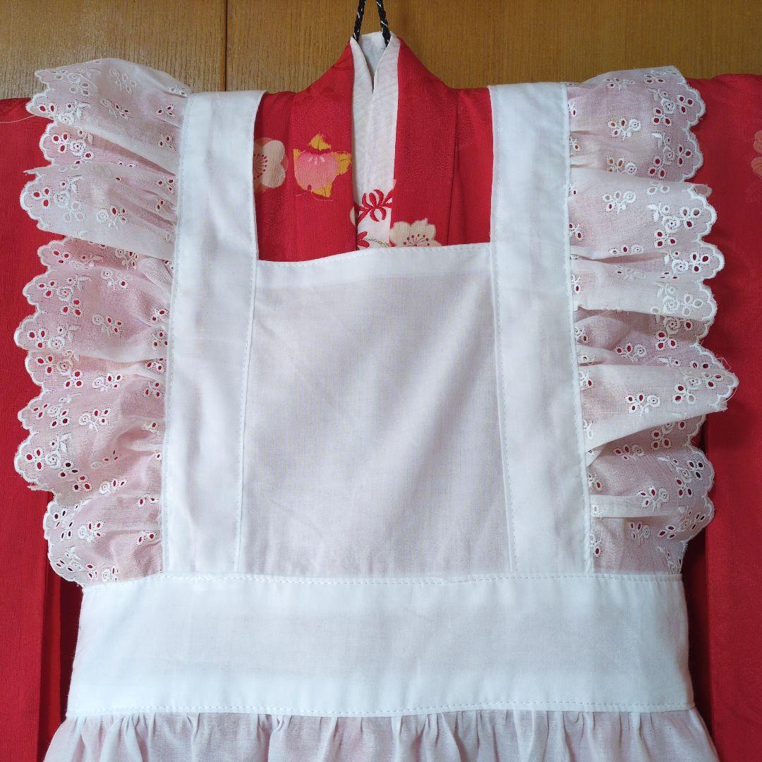 七五三３歳正絹アンティーク着物と被布エプロンセット（長襦袢付き）