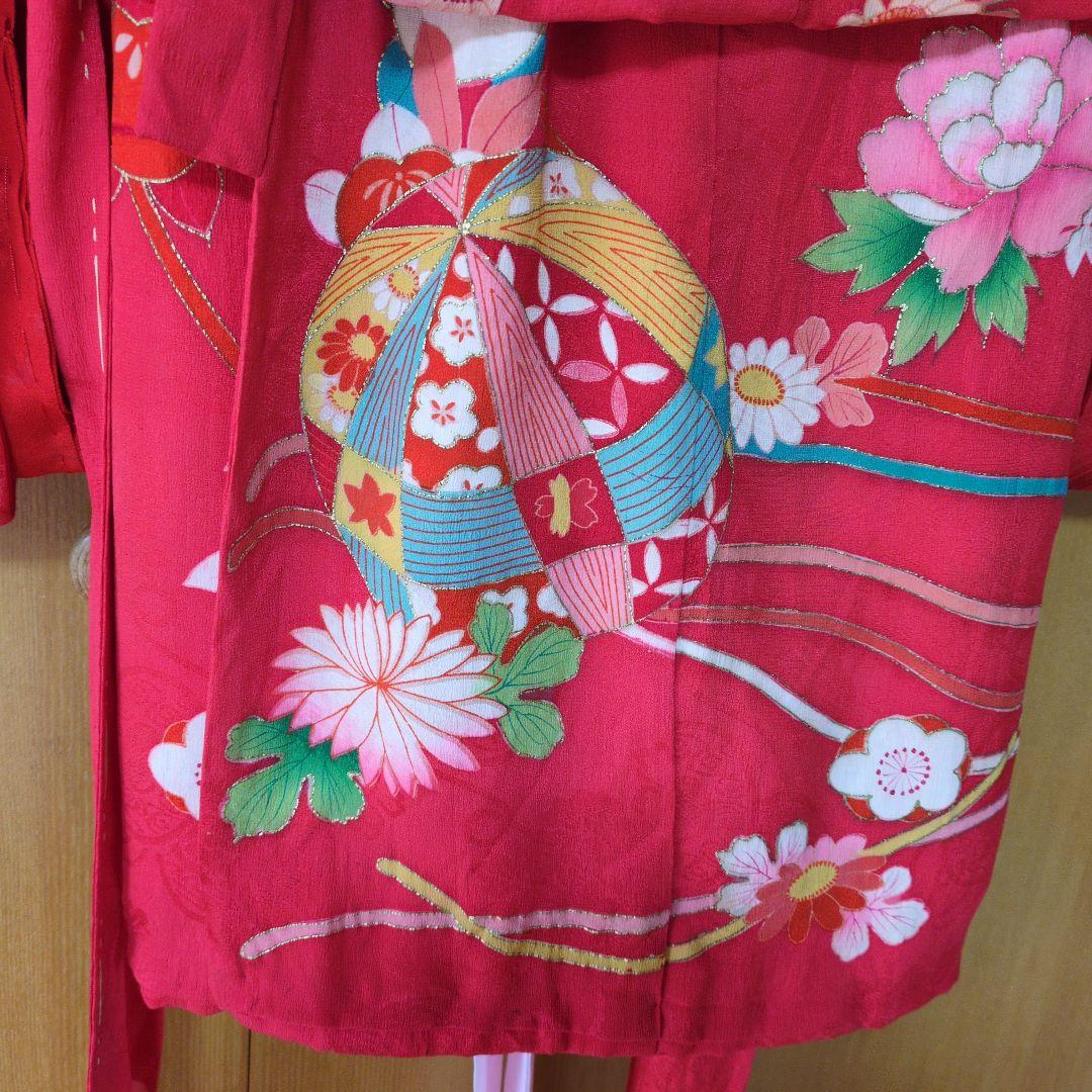 七五三３歳正絹アンティーク着物と被布エプロンセット（長襦袢付き）