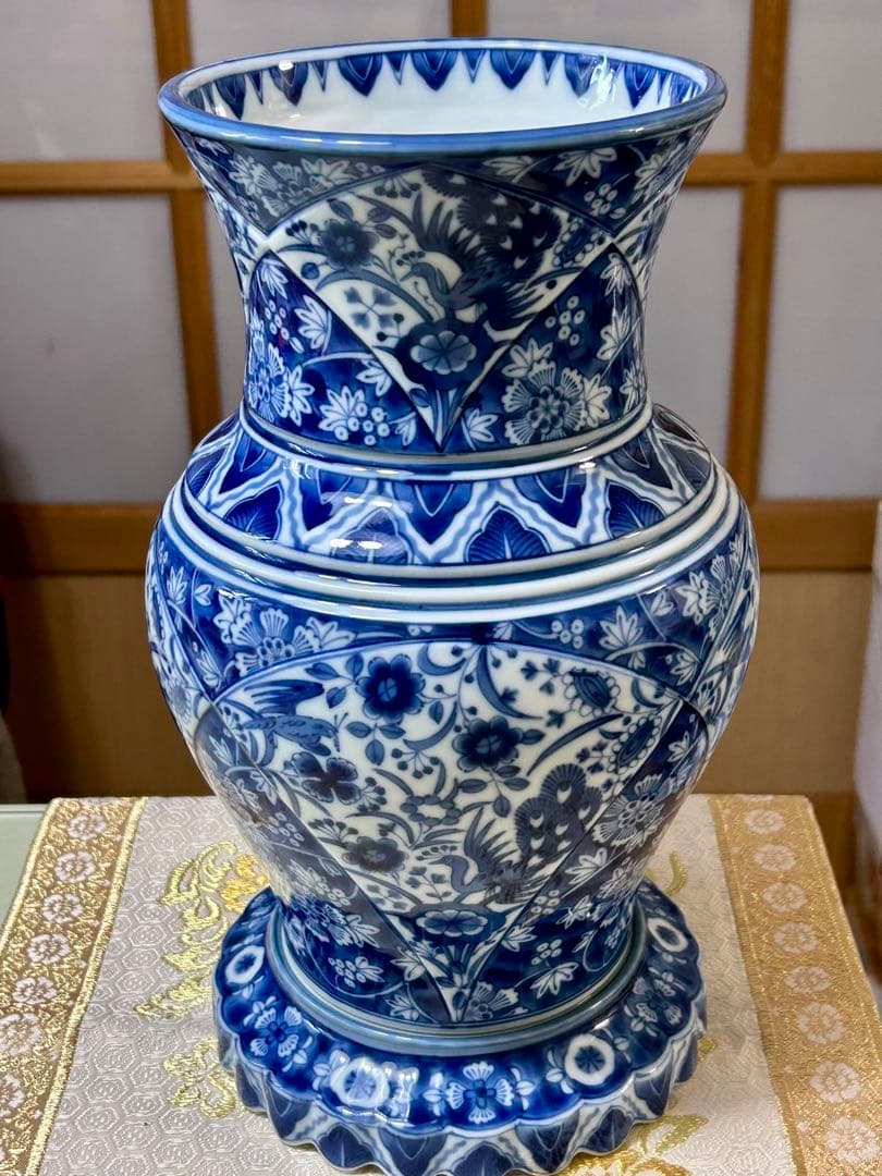 龍峯窯　 花風流　染付　花更紗　花鳥文　花瓶