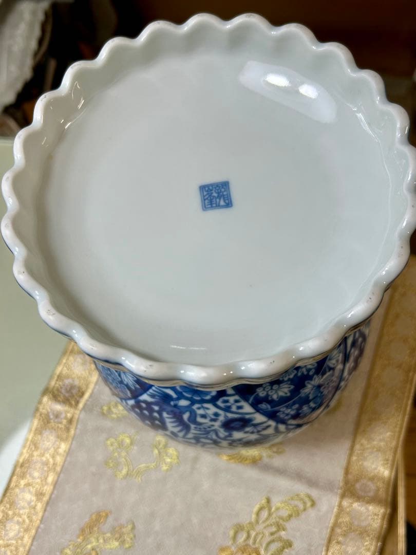 龍峯窯　 花風流　染付　花更紗　花鳥文　花瓶