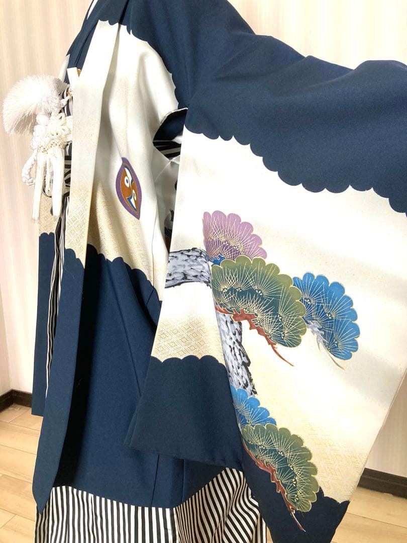 七五三男児M I N98濃紺羽織に黒シマ袴※サイズ大きめ
