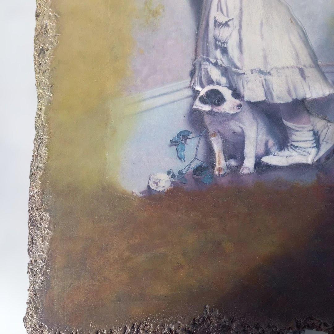 エンボス技法　少女と犬のアート作品　70×51