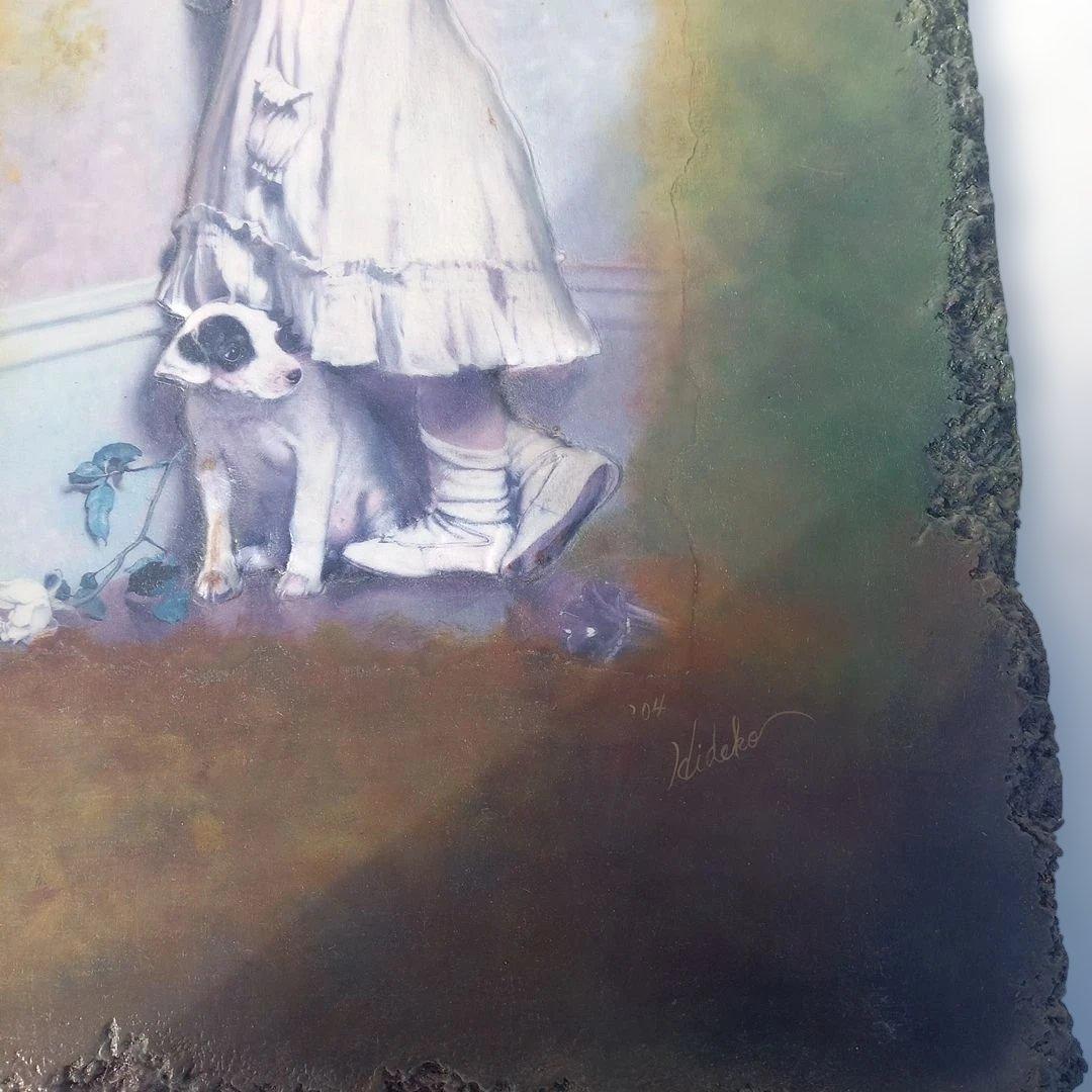 エンボス技法　少女と犬のアート作品　70×51