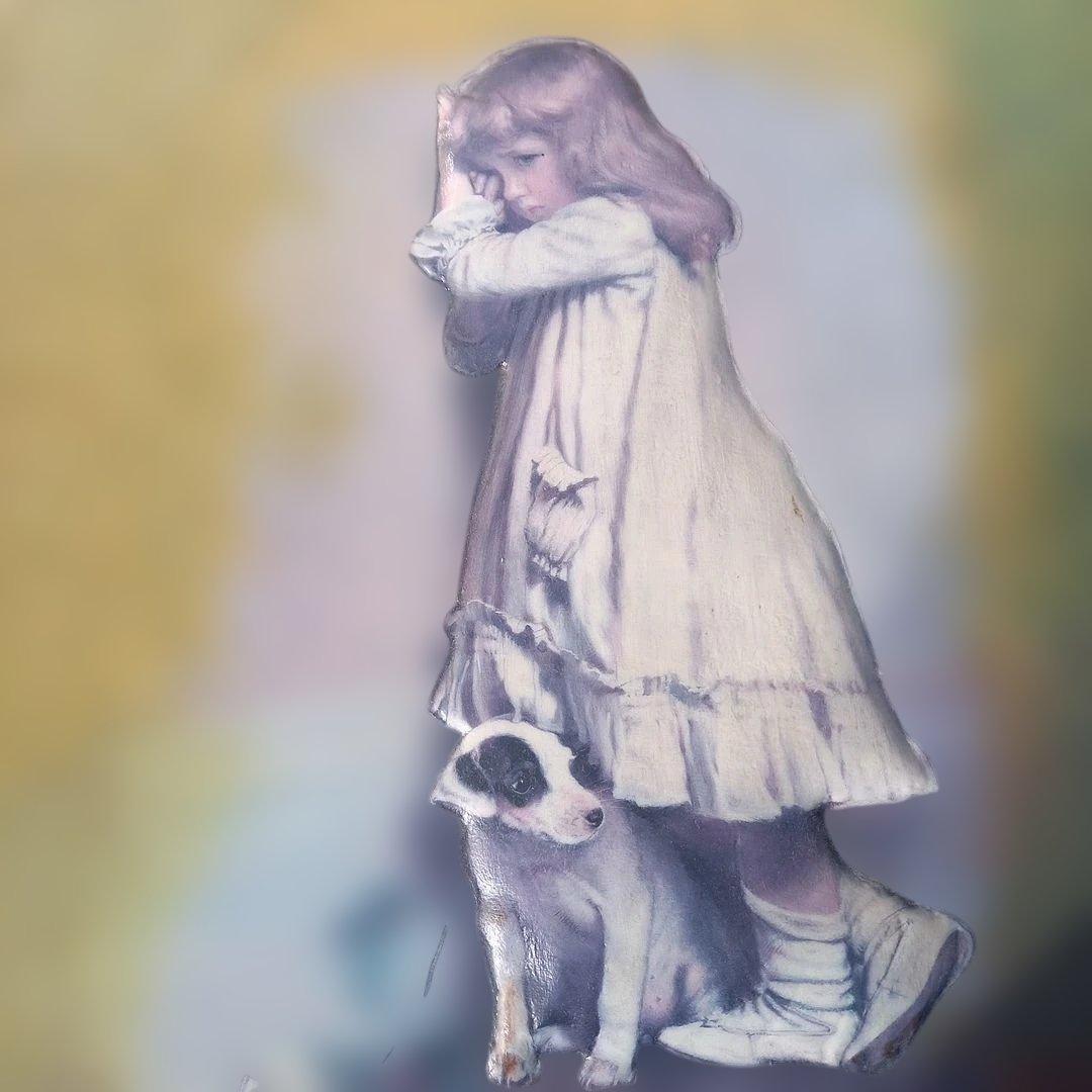 エンボス技法　少女と犬のアート作品　70×51