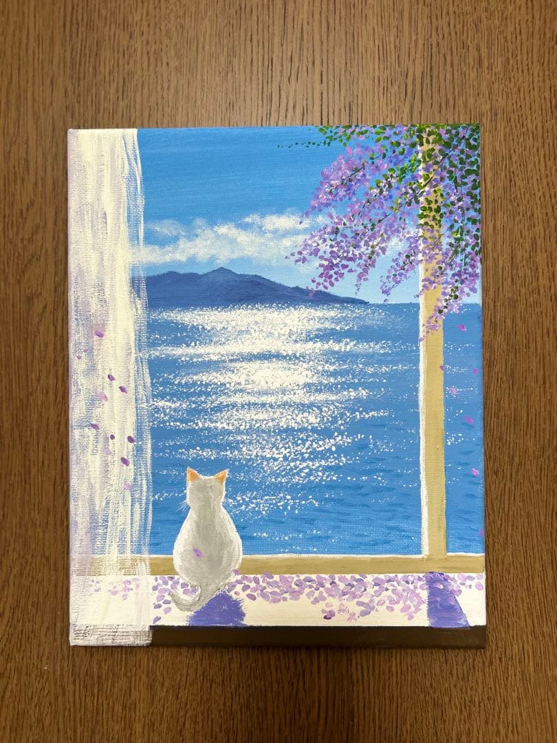 コ*ん様 猫の風景画 アクリル絵画　キラキラ輝く海を眺める子猫ちゃん