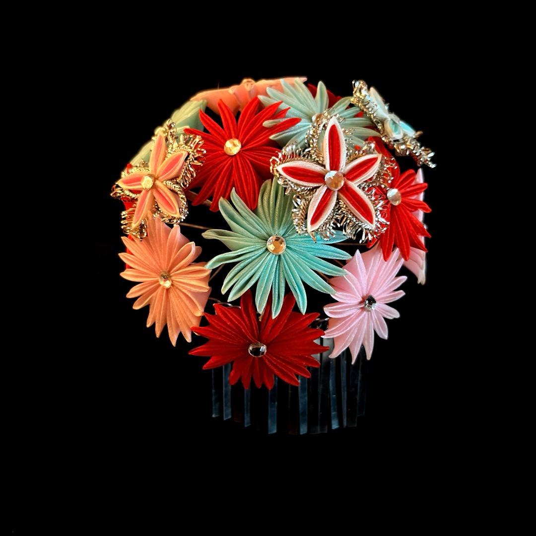 勝山髪飾り 七五三 7歳 (ピンク×赤×水色)