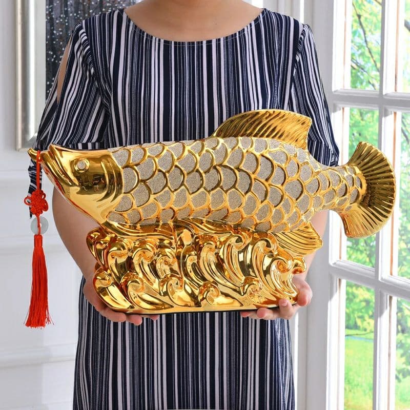 金運幸福を呼び込む 大型 アロワナ 置物 インテリア リビング 玄関 ゴールド