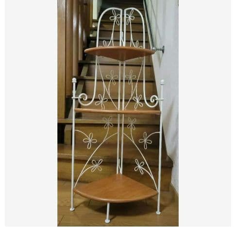 ホワイト 3段 シェルフ アンティーク風アイアン細工　コーナーラック